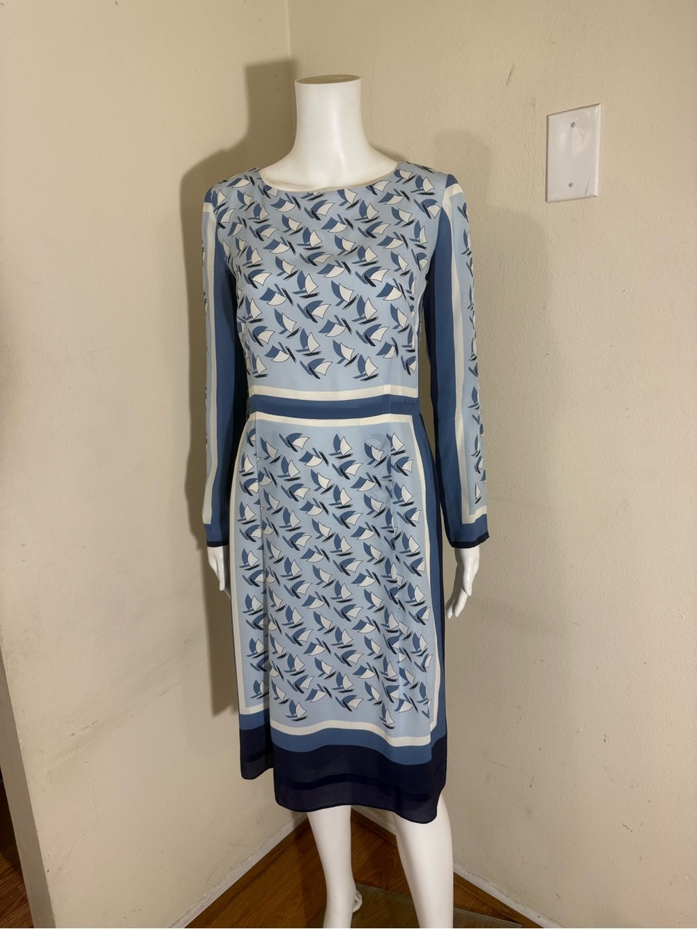 Light Blue Printed Long-Sleeve Midi Dress